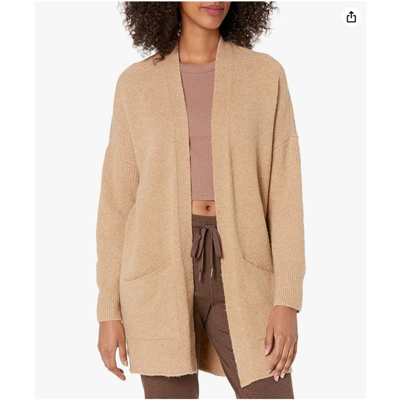 Daily Ritual Sweater Medium Tan Open Front Cardigan Pockets Cozy Boucle Knit NEW - Picture 9 of 9